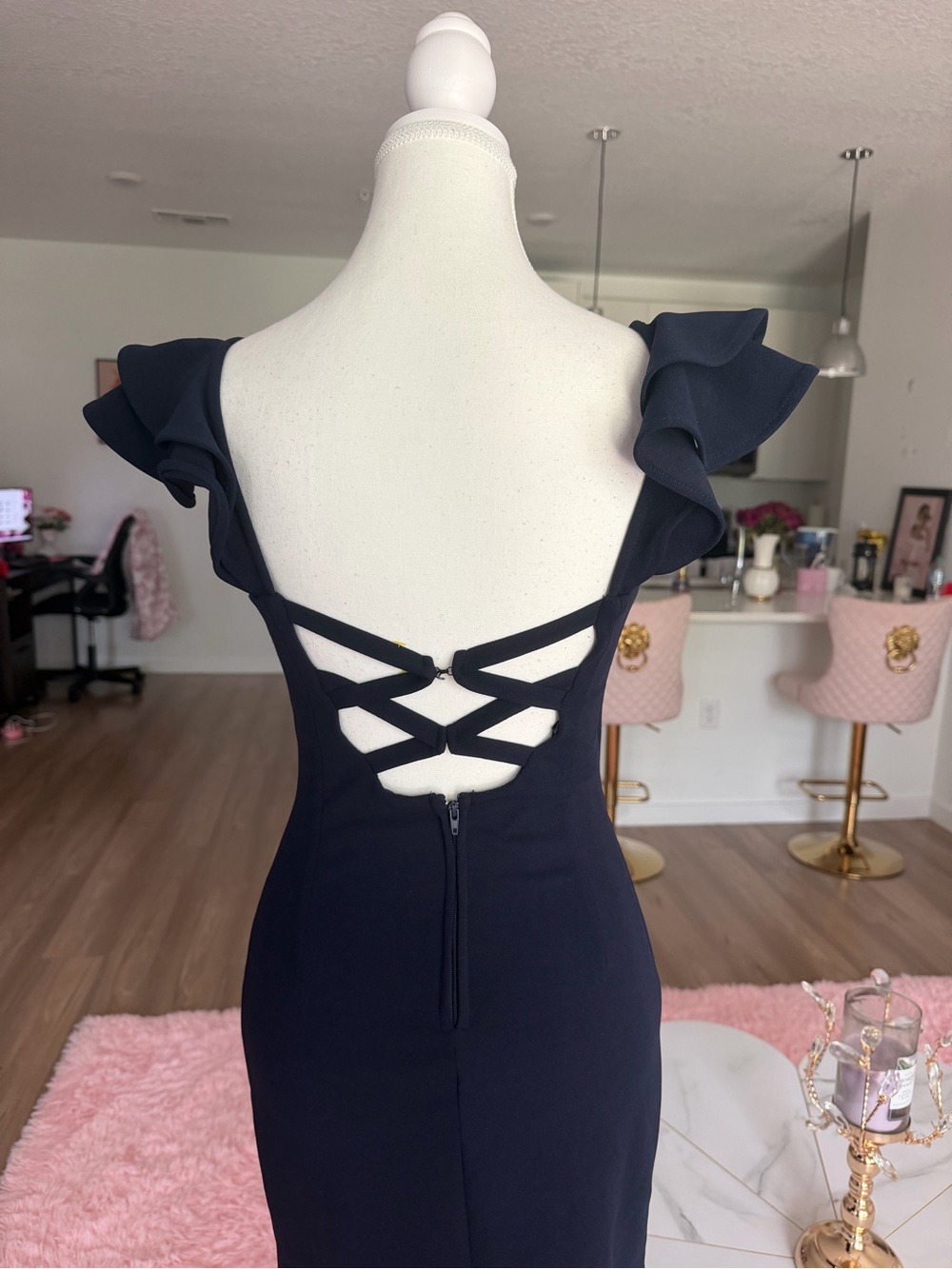 Barbiecore Women’s Navy Ruffle Sleeve Bodycon Dress with back detail - Picture 4 of 12
